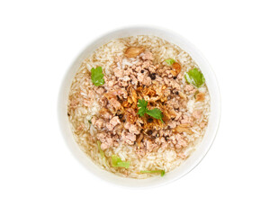 Thai Rice Soup with Minced Pork – Traditional Thai Breakfast Isolated on White with Clipping Path
