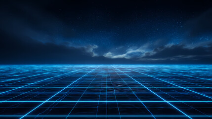 A mesmerizing digital landscape of glowing grids under a starlit sky. The image evokes a sense of futuristic technology and data visualization. 