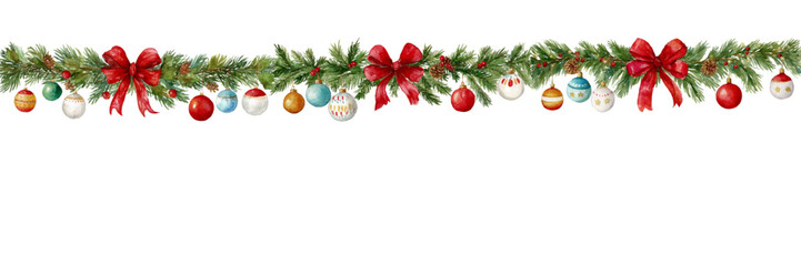 Watercolor border with vintage Christmas garland. Garland of green fir branches decorated with Christmas balls and red bows. Vintage frames for Christmas and holiday designs.