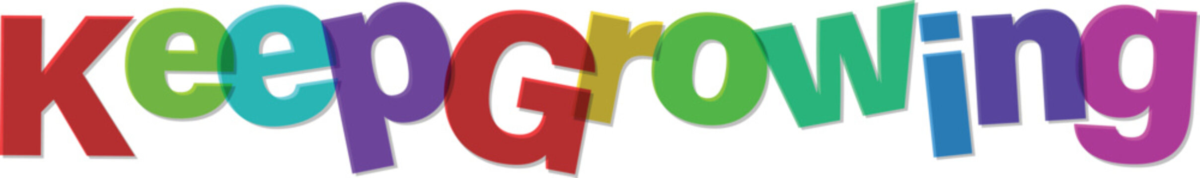 Vibrant and colorful text art of the phrase 'Keep Growing' representing inspiration, motivation, and personal growth on a white background.