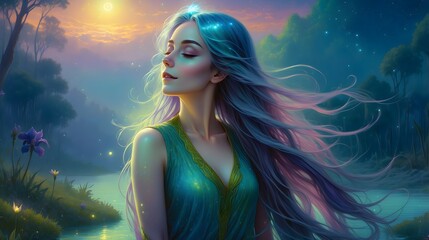 Fantasy-Portrait - H&uuml;bsche junge Frau mit bunten Haaren