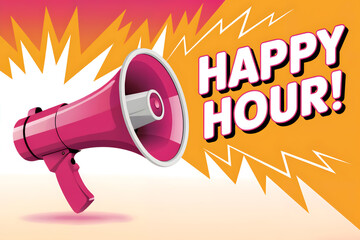 Vibrant pink megaphone announces exciting "Happy Hour!" with dynamic burst background perfect for promotions
