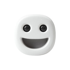 A simple, white, 3D-rendered emoticon with dark pupils and a wide, open smile