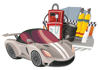 Fototapeta premium Cartoon street racing car vehicle pitstop pitzone on white background illustration for children