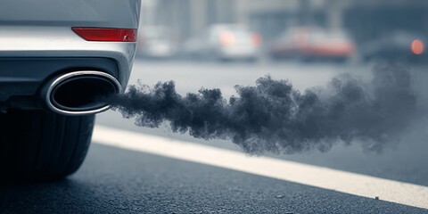 Vehicle Tailpipe Emitting Black Smoke on Busy Road, Illustrating Pollution and Environmental Issues