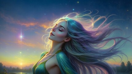 Fantasy-Portrait - H&uuml;bsche junge Frau mit bunten Haaren