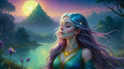 Fantasy-Portrait - H&uuml;bsche junge Frau mit bunten Haaren