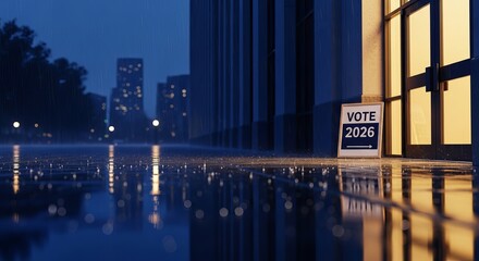Vote 2026 sign stands in the rain outside a polling station, reflecting in puddles on the ground at night