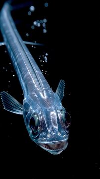 Oarfish ocean giant, vertical legendary long silver fish rising from abyss, mysterious deep sea sighting.
