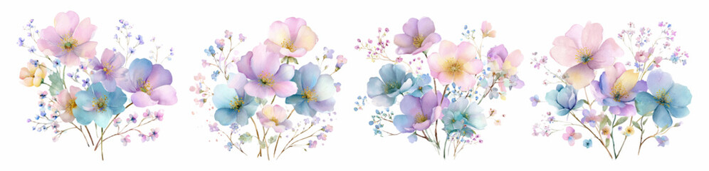 Set of romantic bouquets of watercolor flowers. Minimalist wild and flowers. Field and meadow flowers. Floral hand drawn watercolor bouquets. elements for wedding invitations.