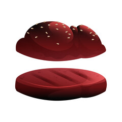 Vibrant Deconstructed Burger Components Floating, Grilled Patty and Sesame Bun, Ready for Assembly