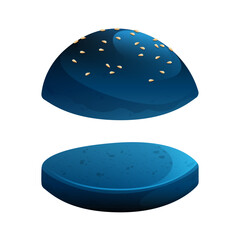 Open dark blue burger bun with sesame seeds ready for filling, a cartoon-style isolated object