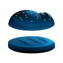 Artistic Illustration of a Dark Blue Burger Bun with Sesame Seeds and Grilling Effect
