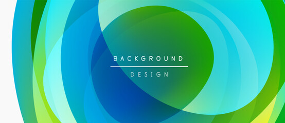 Fototapeta premium Abstract layers create vibrant circular design. Blue, green hues blend, forming modern backdrop. Text reads background design.