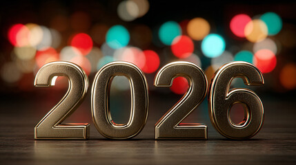 Happy new Year: 2026 written on a dark background with a multi-colored bokeh effect, a minimalistic clean background