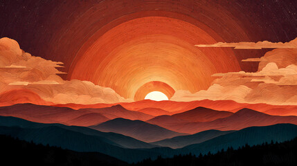A breathtaking sunset over a range of mountains, painted with warm hues and a sense of peace and majesty