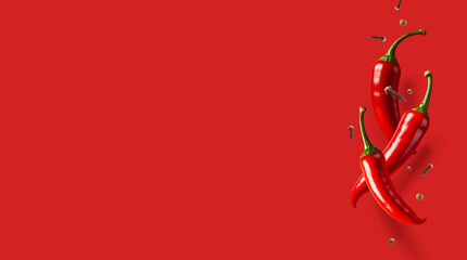 Hot red pepper on red background. a mockup for design