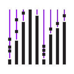 Abstract Geometric Pattern of Vertical Black Bars with Purple Lines and Squares