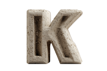 Letter K made of textured stone material cut out on transparent background