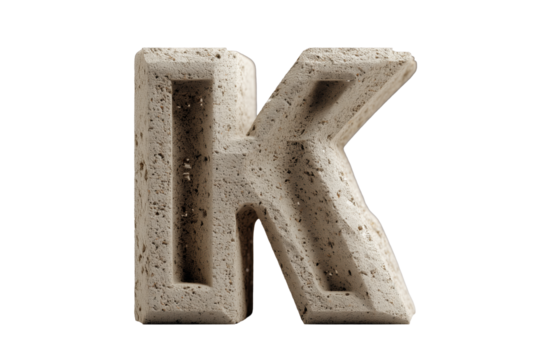Letter K made of textured stone material cut out on transparent background