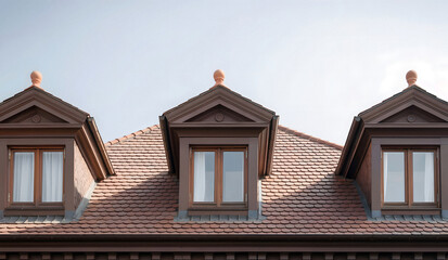 Obraz premium Charming dormer windows with terracotta roof tiles create timeless architectural beauty under a clear sky