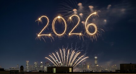 Fireworks display forming the year 2026 over a city skyline at night, celebrating the future and new years eve