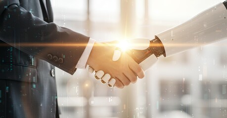Human and Robot Handshake with Digital Overlay. AI, Partnership, and Future Technology Concept.