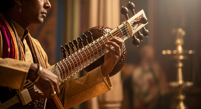 Man playing a sitar with a colorful scarf and a gold earring in a dimly lit room setting indoors
