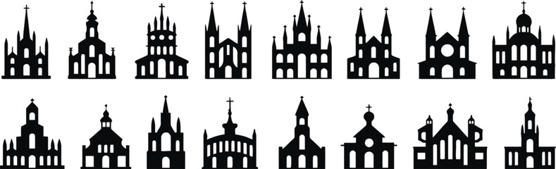 Fototapeta premium church, silhouette, building, architecture, gothic, cathedral, steeple, cross, religious, christianity, faith, worship, prayer, history, landmark, design, graphic, icon, symbol, isolated, white backgr