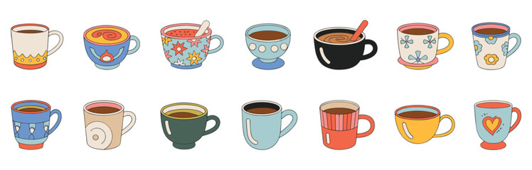 Assortment of Retro Style Coffee Cups and Mugs with Various Designs vintage