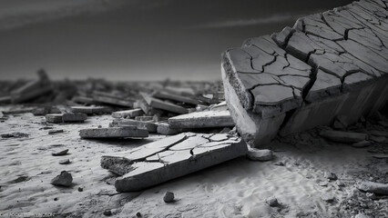 Devastated landscape after disaster shows fractured concrete debris scattered across barren ground