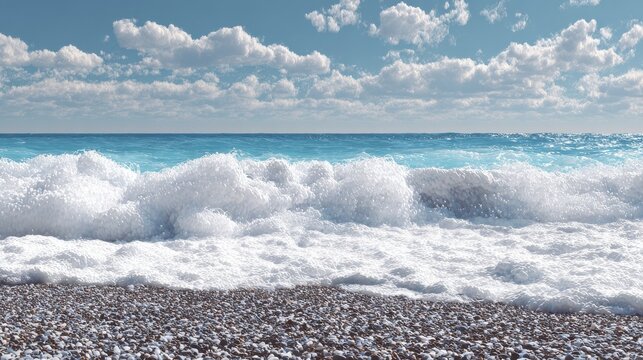 sea landscape is a pebbly beach with waves in white foam no logos no brands ar 169