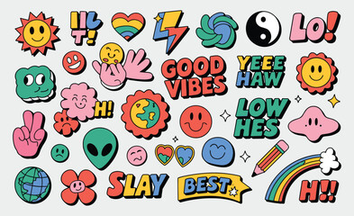 Collection of Retro Cartoon Style Icons and Symbols with Positive Messages stickers