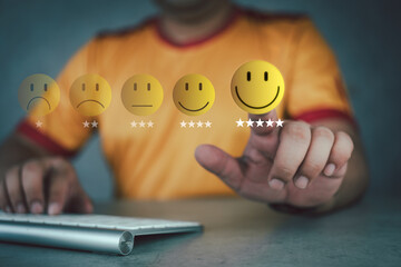 Review and feedback man to give smile face and five stars for excellent evaluation survey after client use product and service from customer satisfaction concept.