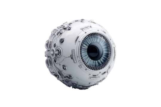Futuristic robotic eye design with intricate details on transparent background