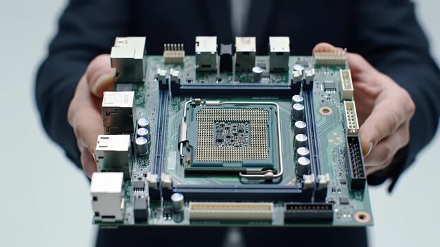 Man Holding Computer Motherboard in Dark Blue Suit Against White Background