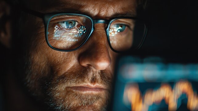 mature concentrated business man trader wearing eyeglasses working looking at laptop computer screen reflecting in glasses analyzing online trading market financial digital data graph close up view n