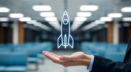 Hand presenting glowing rocket icon symbolizing startup success and innovative business growth in modern corporate environment