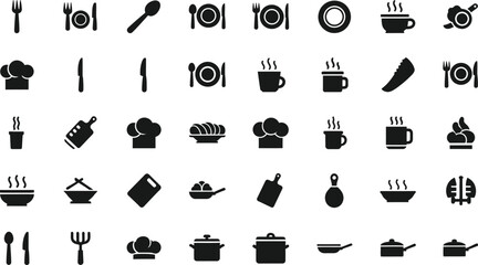 Collection of diverse culinary and kitchen utensil icons representing cooking and dining elements isolated on transparent background