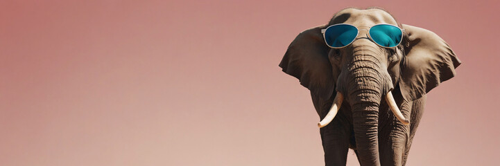 A large elephant confidently walks through a dry savanna, wearing stylish sunglasses, creating a humorous and unexpected scene under a clear sky.