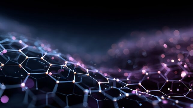 Abstract hexagonal grid network with glowing nodes and bokeh lights connection