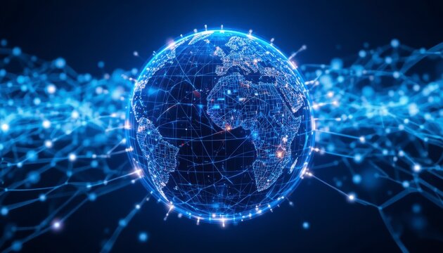 A glowing blue digital globe with interconnected network lines, representing global connectivity, data transfer, and technology, dark background, futuristic