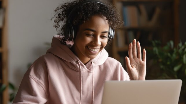 smiling young african american teen girl wear headphones video calling on laptop happy mixed race pretty woman student looking at computer screen watching webinar or doing video chat by webcam no log