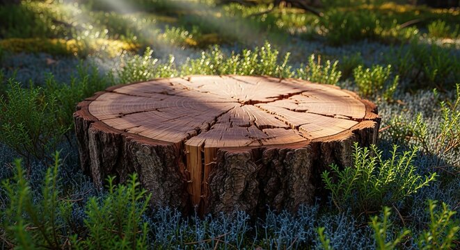 Sunlight streams through trees onto a weathered tree stump in a forest