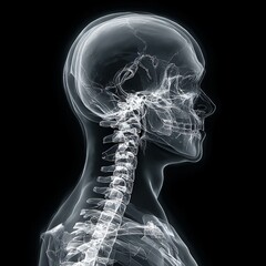 Transparent x ray of human head neck and upper spine in profile view Skull