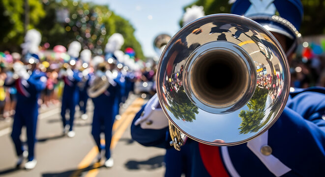 Close up of a trumpet player in a marching band during a parade on a sunny day outdoors event - Powered by Adobe