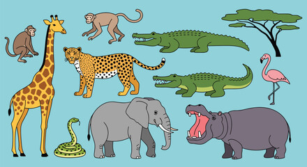 Obraz premium A vibrant collection of African safari animals and a savanna tree.
