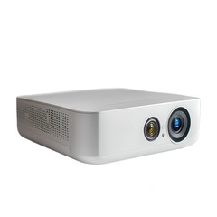 Obraz premium Compact white projector showcasing dual lenses, set against a minimalist background for presentations