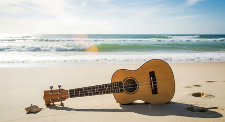 Ukulele resting on a sandy beach near a seashell with ocean waves and blue sky in the background