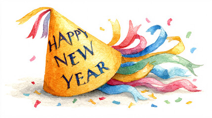 watercolor illustration of a party hat and streamers with "Happy New Year" text, bright palette, festive arrangement